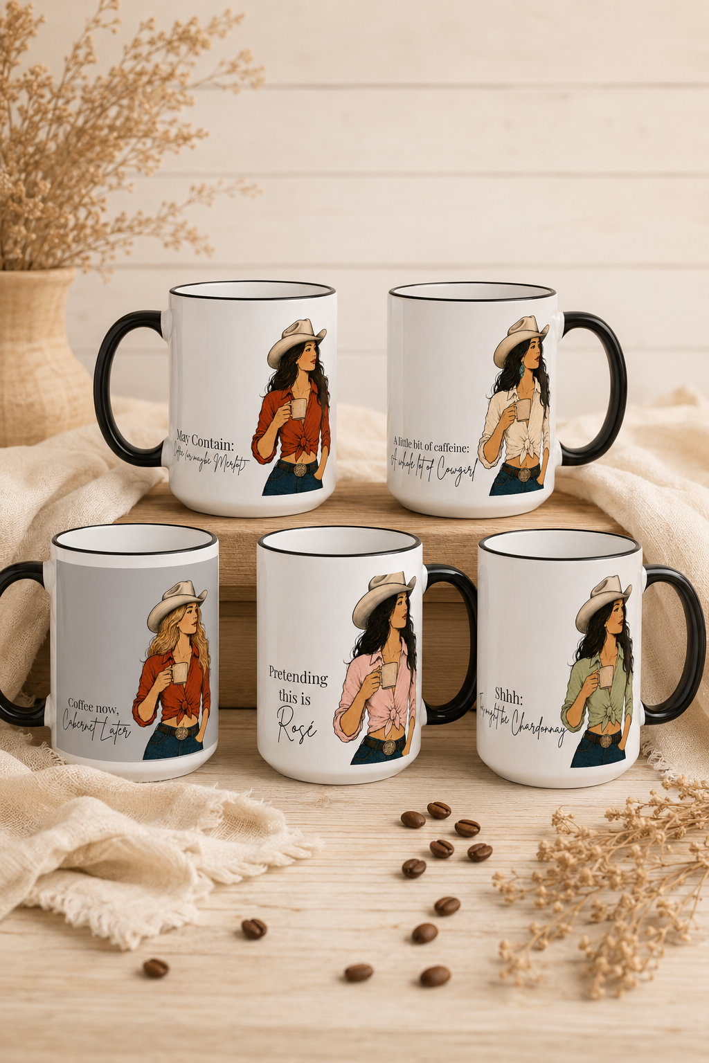 Cowgirl Coffee Mug – “Pretending this is Rosé” Accent Rim & Handle Ceramic Mug