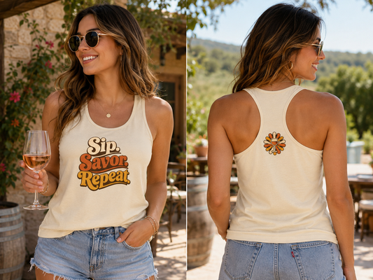 Sip Savor Repeat Racerback Tank — Retro Wine Lover Tank Top