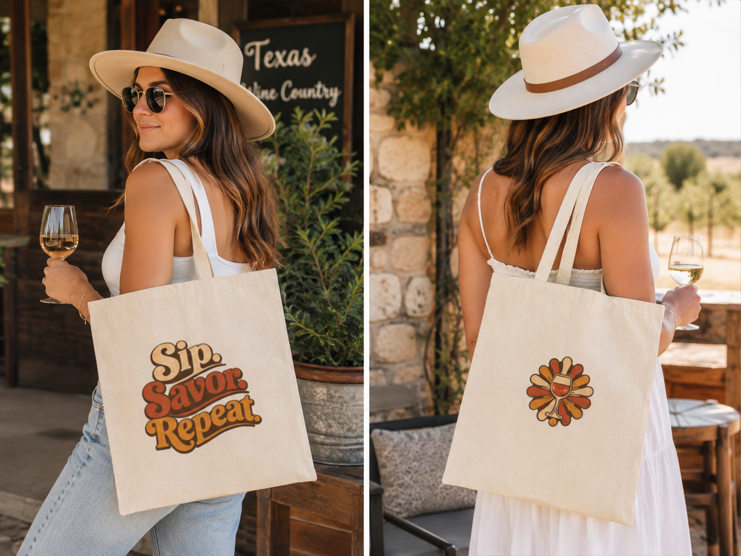Tote Bag — "Sip. Savor. Repeat." Retro Wine Canvas Tote