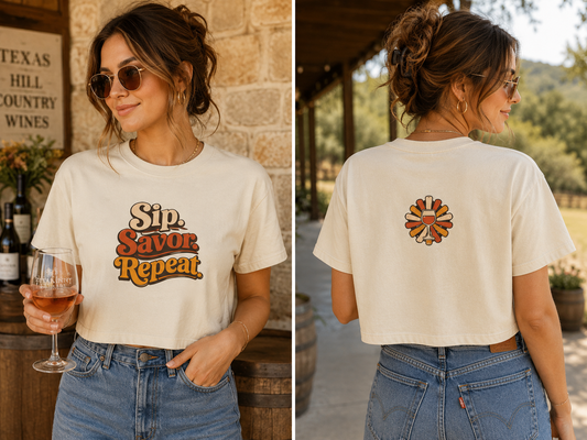 Sip Savor Repeat Boxy Tee | Retro Wine Lover Shirt | Texas Wine Country Tee