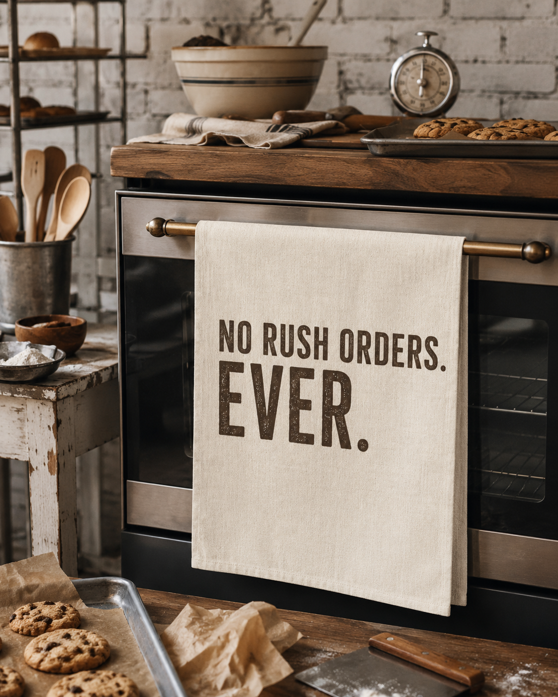 Tea Towel — "No Rush Orders. Ever." Rustic Kitchen Dish Towel