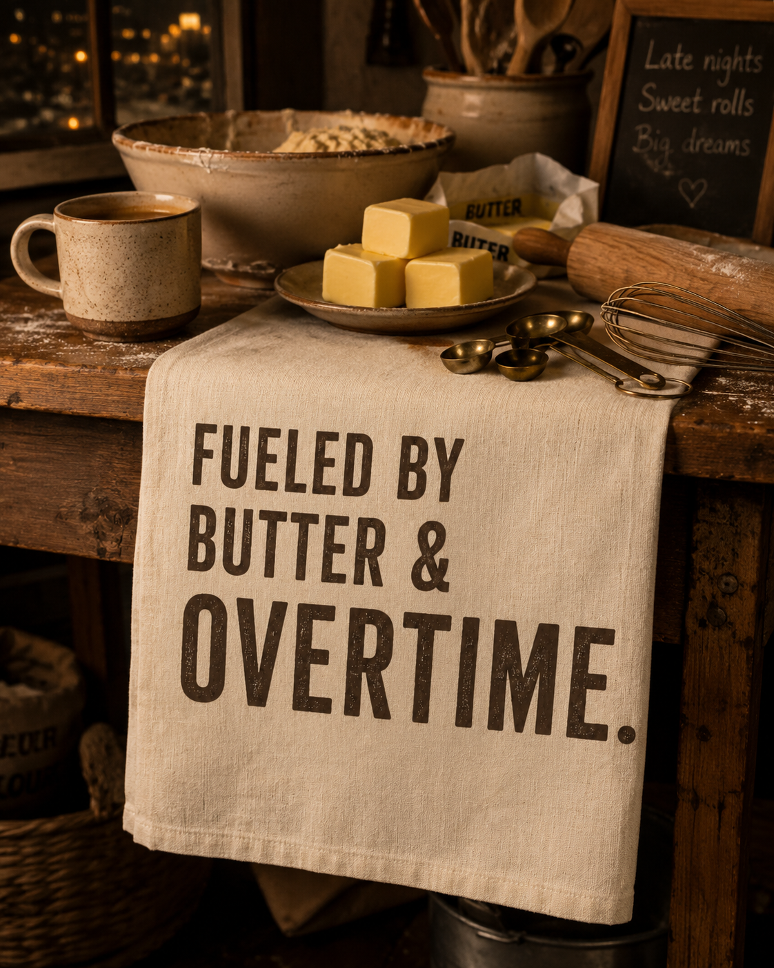 Tea Towel — "Fueled by Butter & Overtime." Kitchen Dish Towel, Funny Baker/Chef Gift