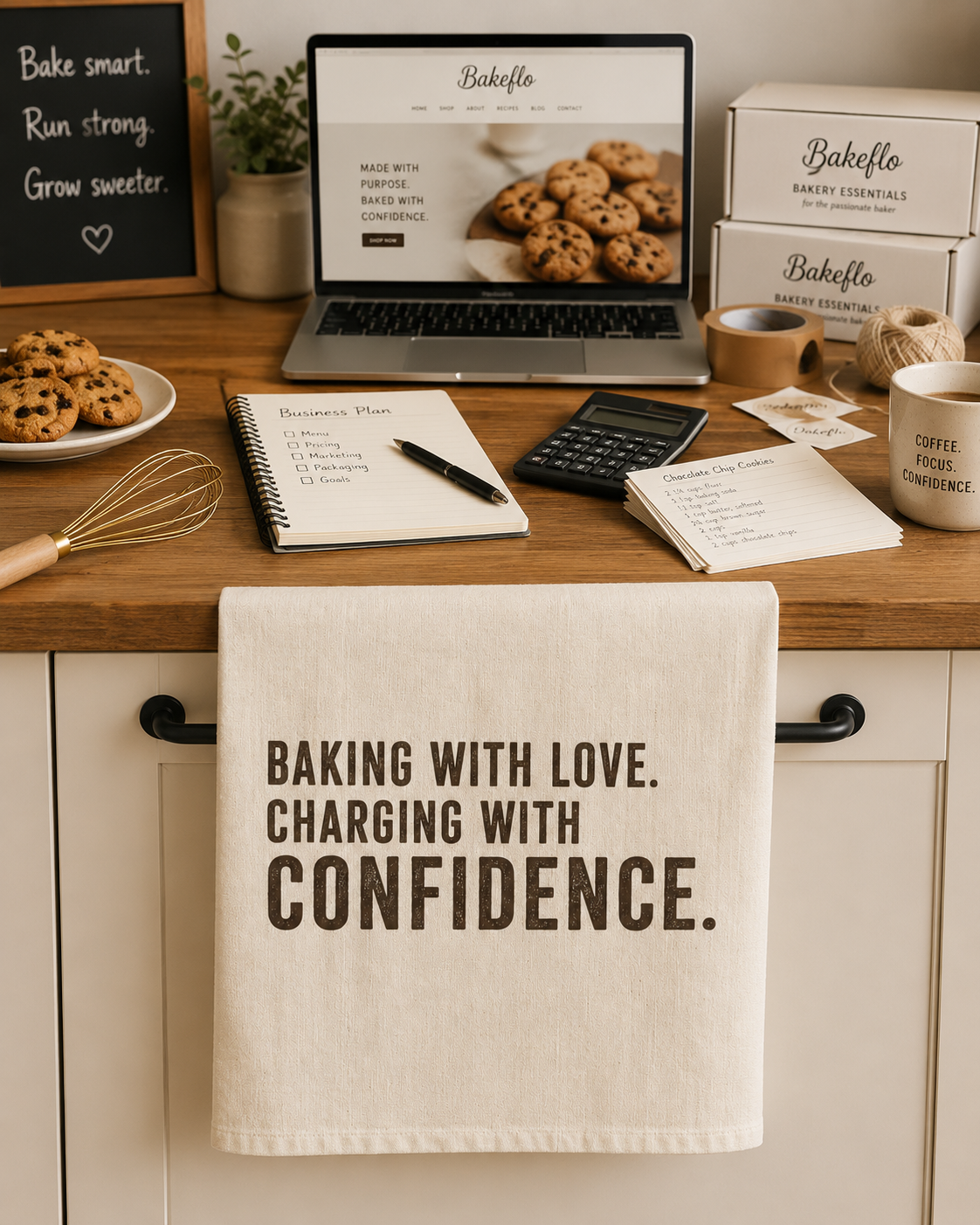 Tea Towel — "Baking with Love. Charging with Confidence." Cotton Kitchen Towel, Funny Baking Quote Gift for Bakers