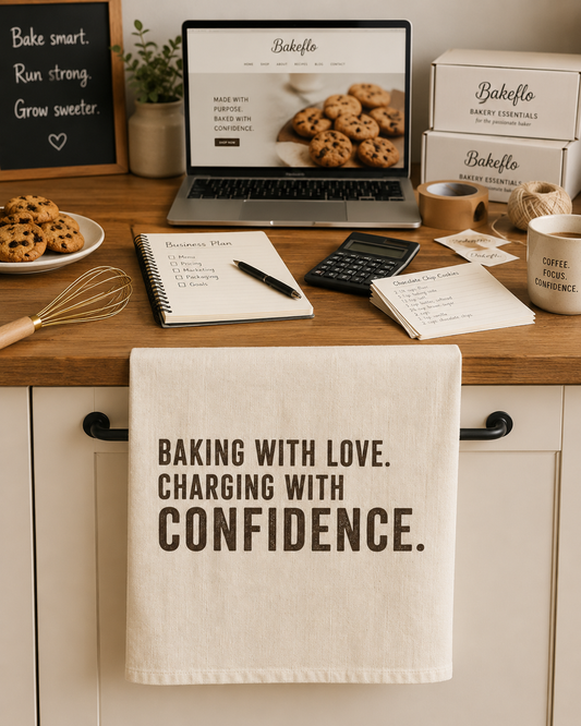 Tea Towel — "Baking with Love. Charging with Confidence." Cotton Kitchen Towel, Funny Baking Quote Gift for Bakers