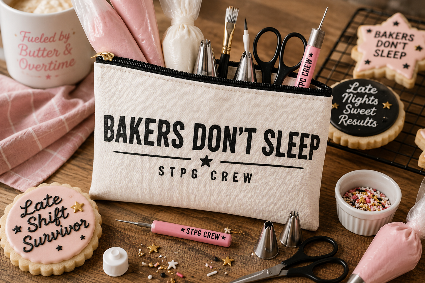 Accessory Pouch — "Bakers Don’t Sleep" T-Bottom Makeup & Gear Bag