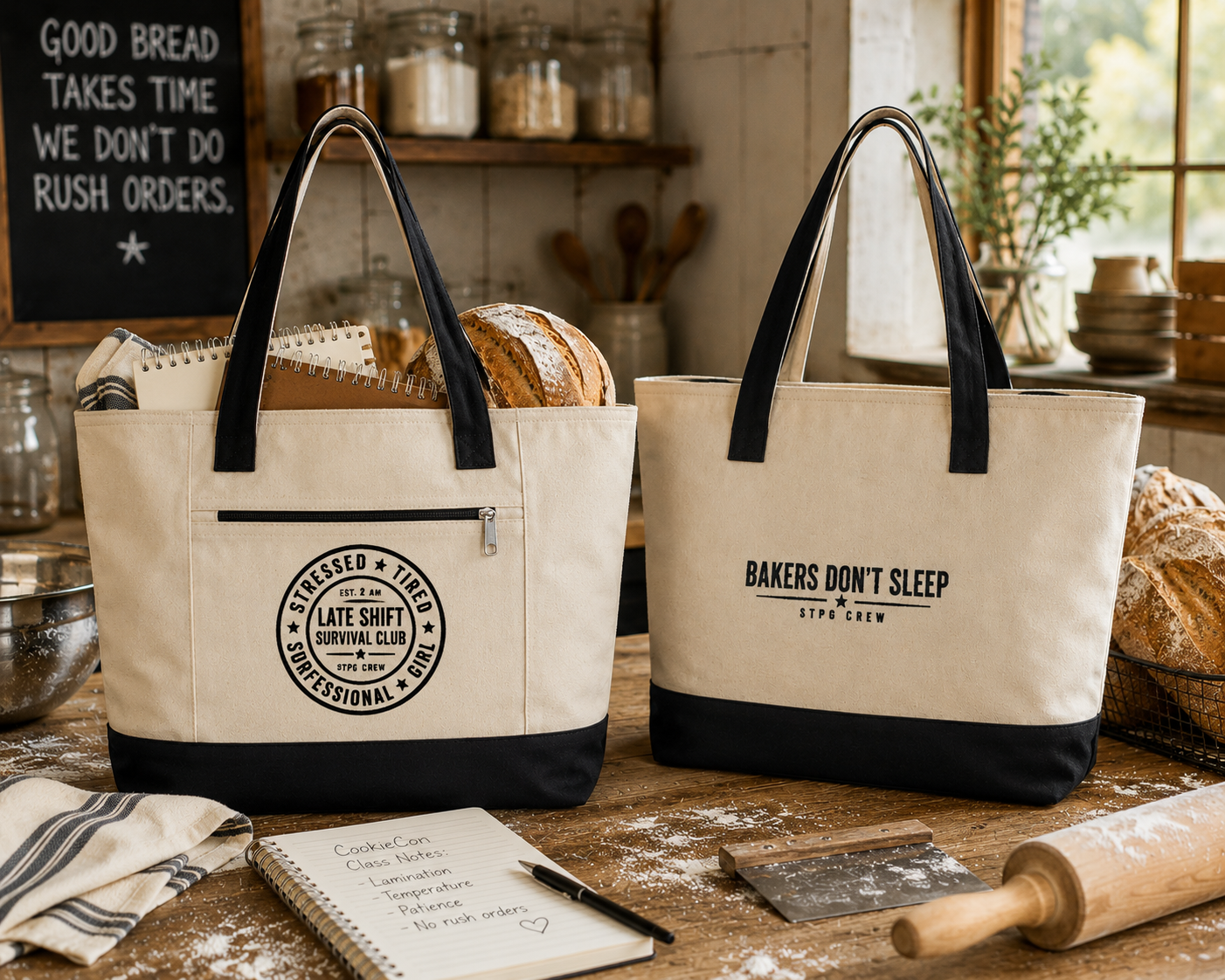 Canvas Tote Bag – 'Bakers Don’t Sleep' Zippered Market Tote with Bakery Seal Graphic