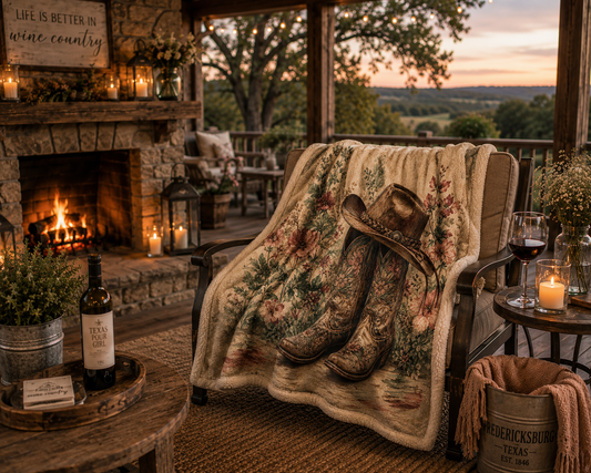 Cowboy Boots & Hat Sherpa Blanket — Vintage Floral Western Fleece Throw