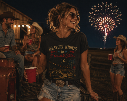 Texas Pour Girl Tee — TPG Western Nights & Firework Skies