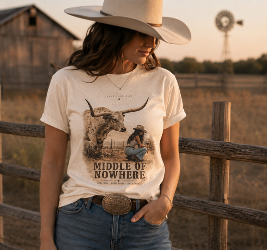 Middle of Nowhere Western T-Shirt — Vintage Longhorn & Cowgirl Graphic