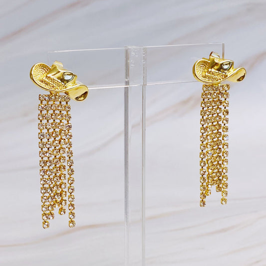 Sparkly cowboy hat fringe earrings that bring bold Western glam to any look.